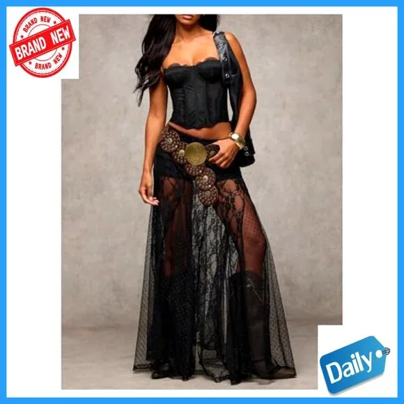 Lace Maxi Skirt A-Line Ruffle Boho Sheer Casual Long Skirt - Picture 5 of 6